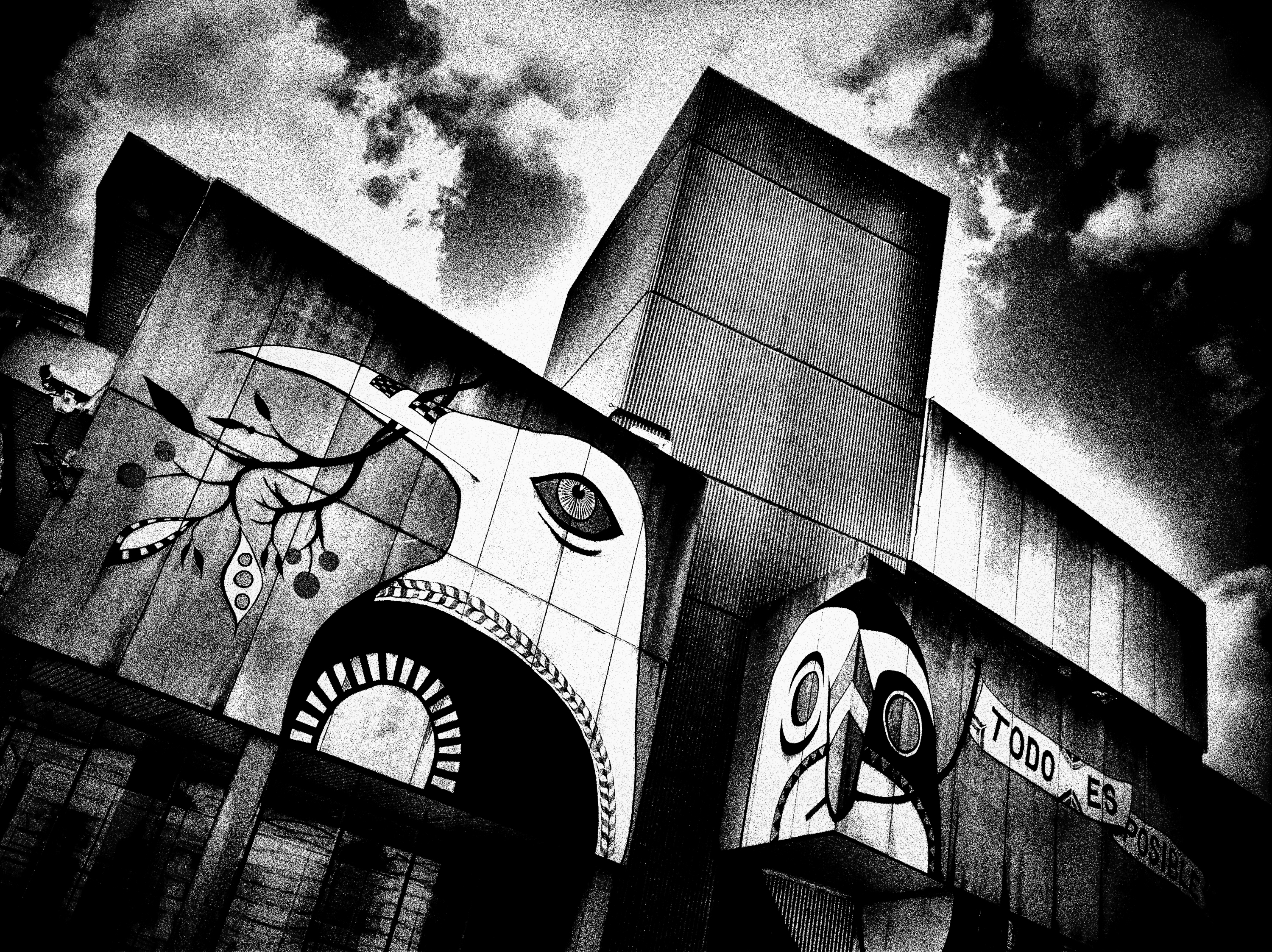 Birmingham Graffiti, Black and white of industrial building with bird graffiti
